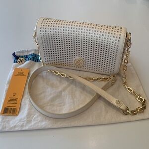 Tory Burch Robinson Perforated adjustable Chain Mini Bag Vanilla Cream Color